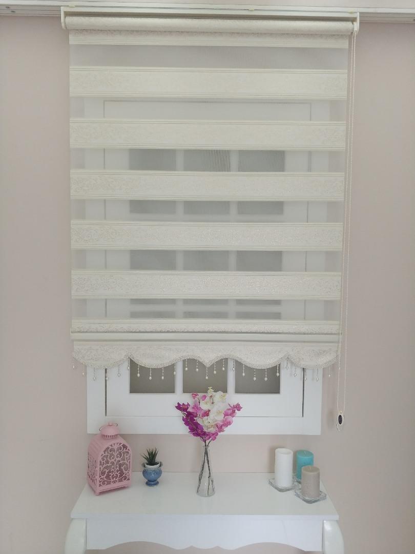 Jakarlı Zebra Perde Sarmaşık Desen Simli Krem - Zebra Perde - 4