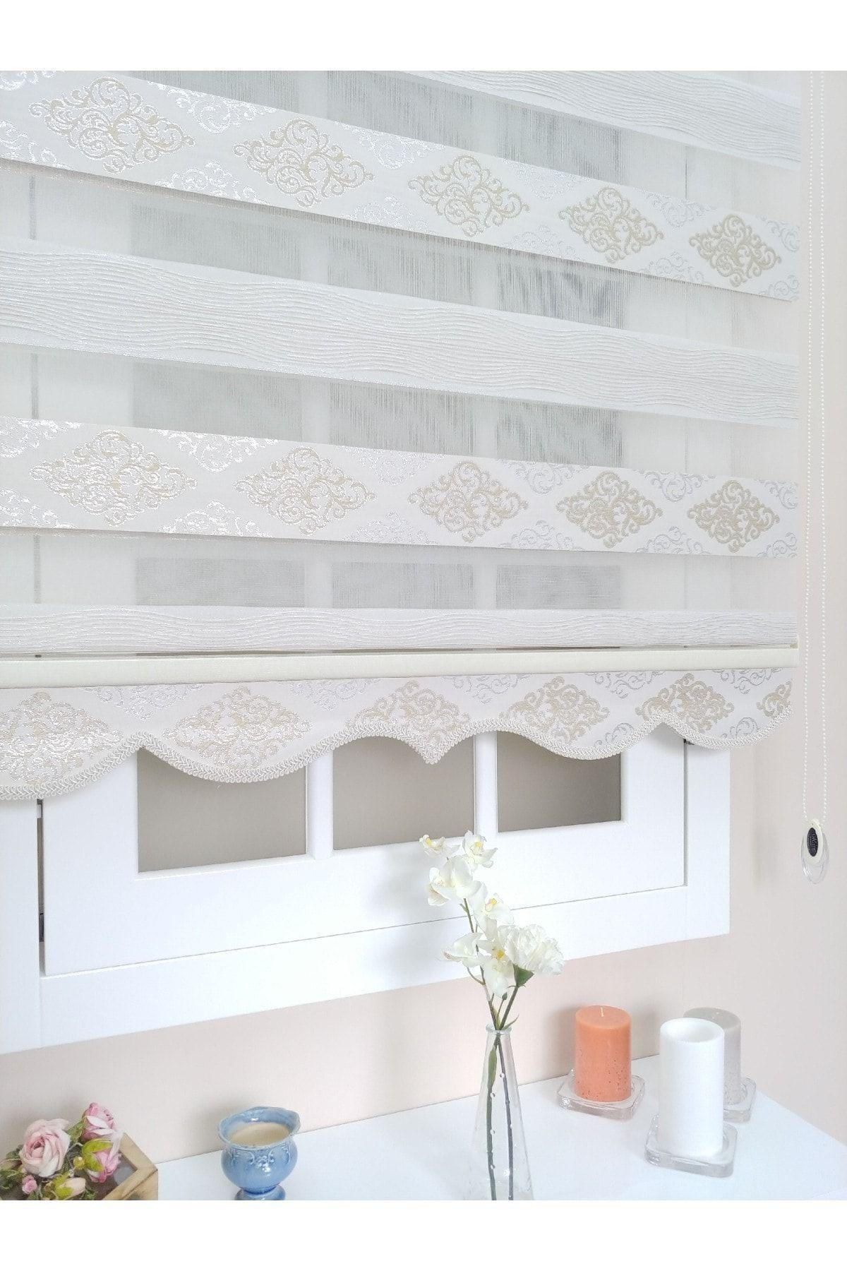 Atölye Perde Krem Gümüş Jakarlı Damask Zebra Stor Perde - Zebra Perde - 2