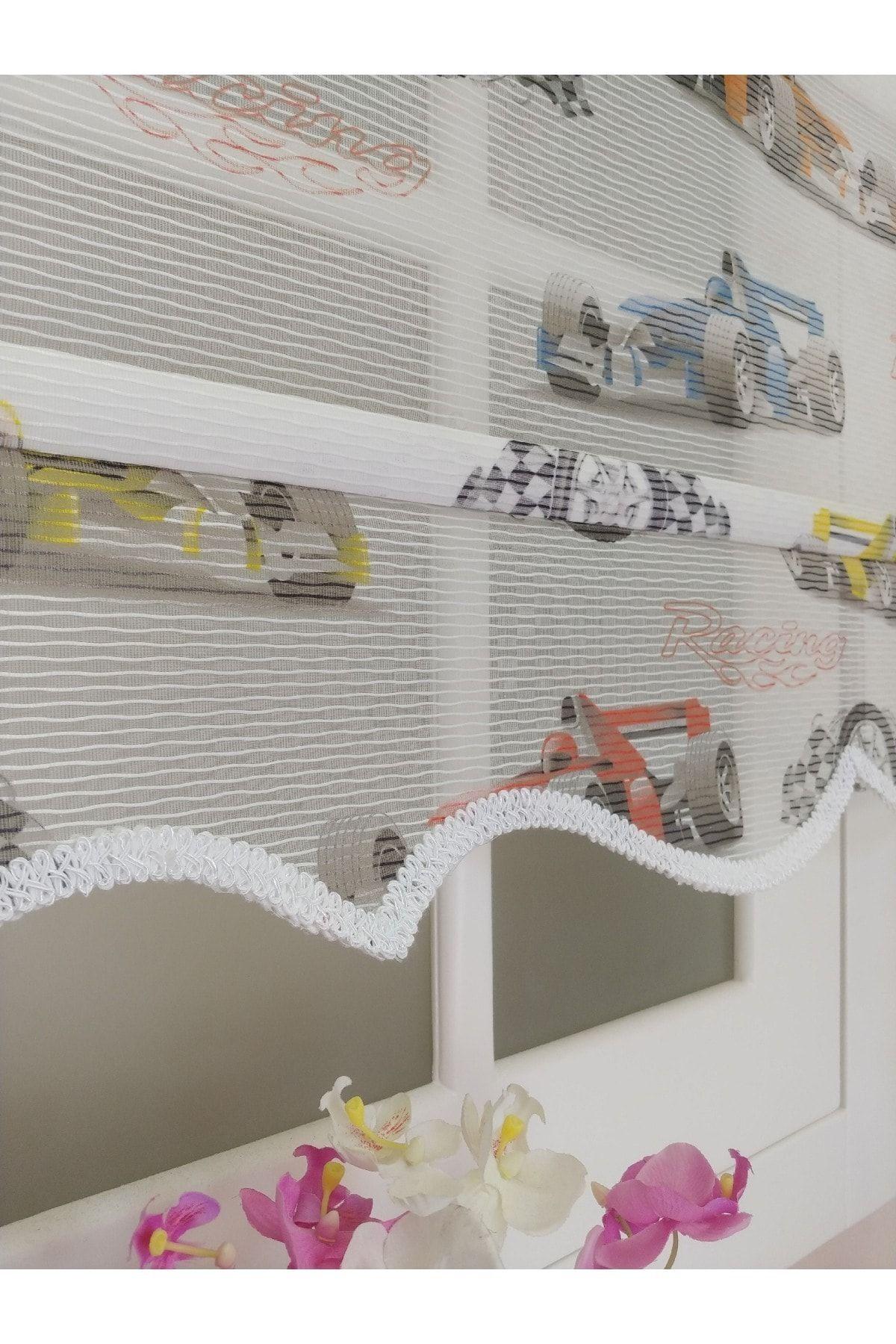 Atölye Perde Çiftli Sistem Beyaz Üzerine Racing Formula Araba Baskılı Tül Ve Stor - Çift Sistem Tül Stor Perde - 4