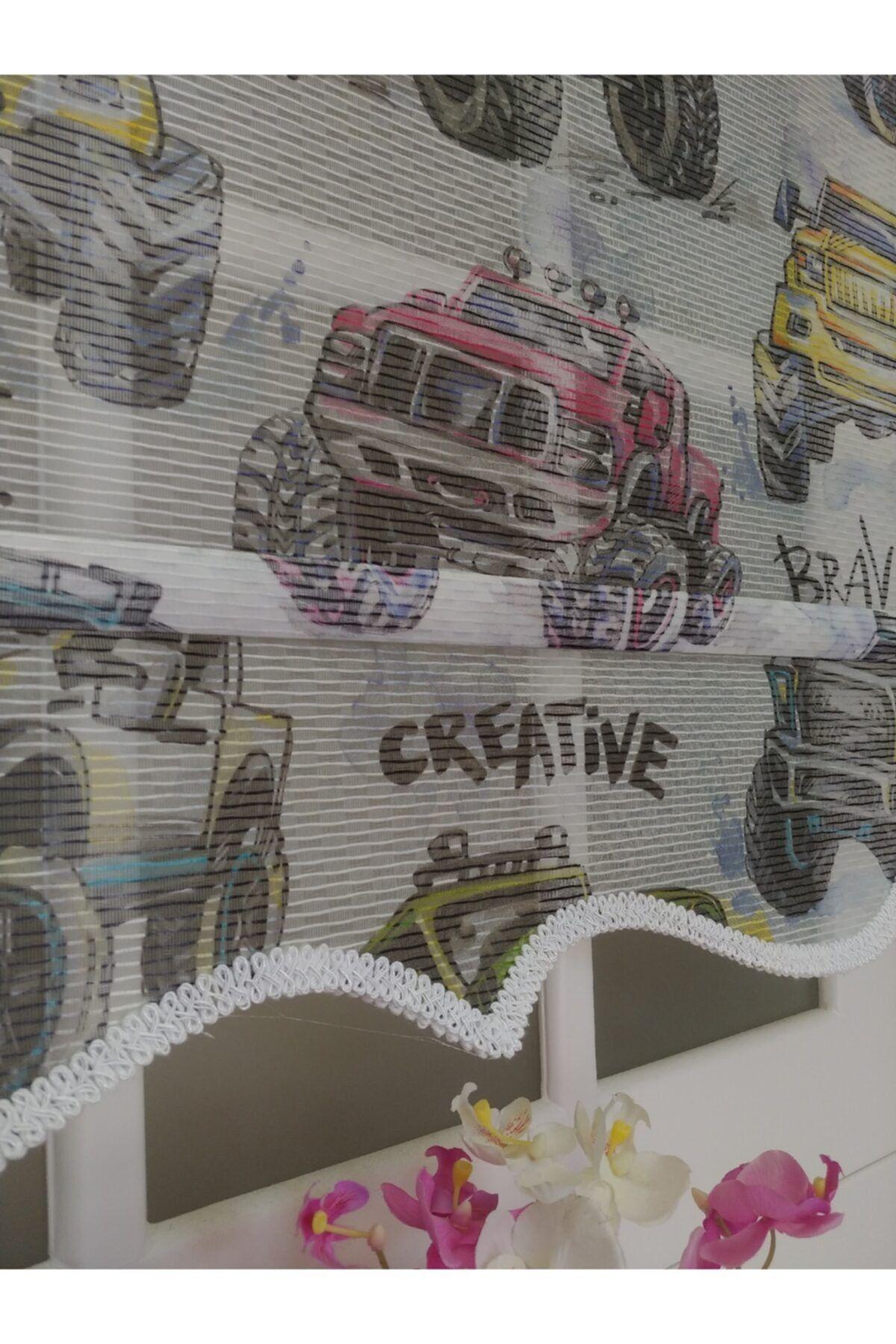 Atölye Perde Çiftli Sistem Beyaz Üzerine Racing Off-road Araba Baskılı Tül ve Stor - Çift Sistem Tül Stor Perde - 4