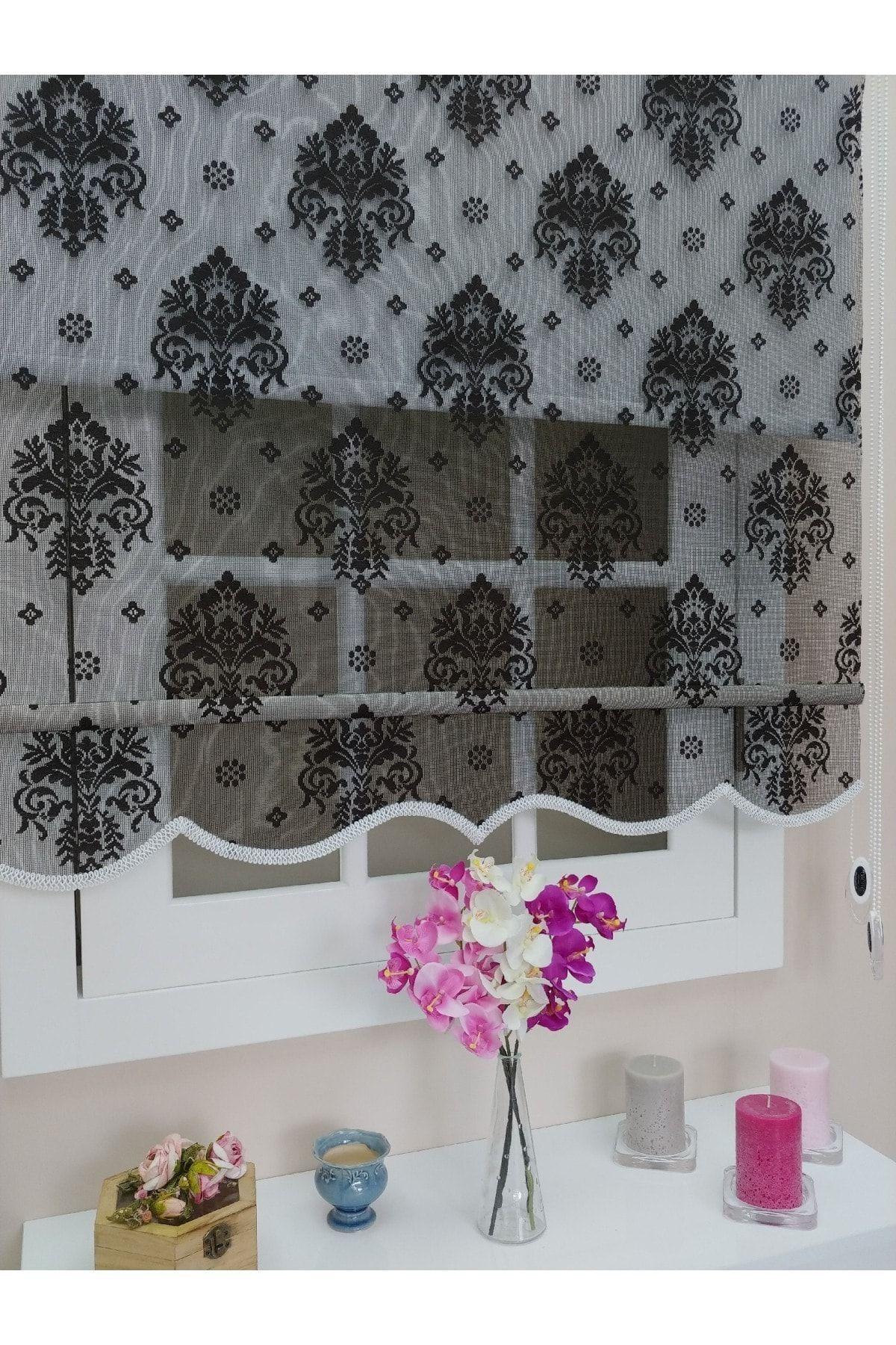 Çift Mekanizmalı Örme Siyah Zemin Koyu Kahve Damask Tül + Stor - Çift Sistem Tül Stor Perde - 2