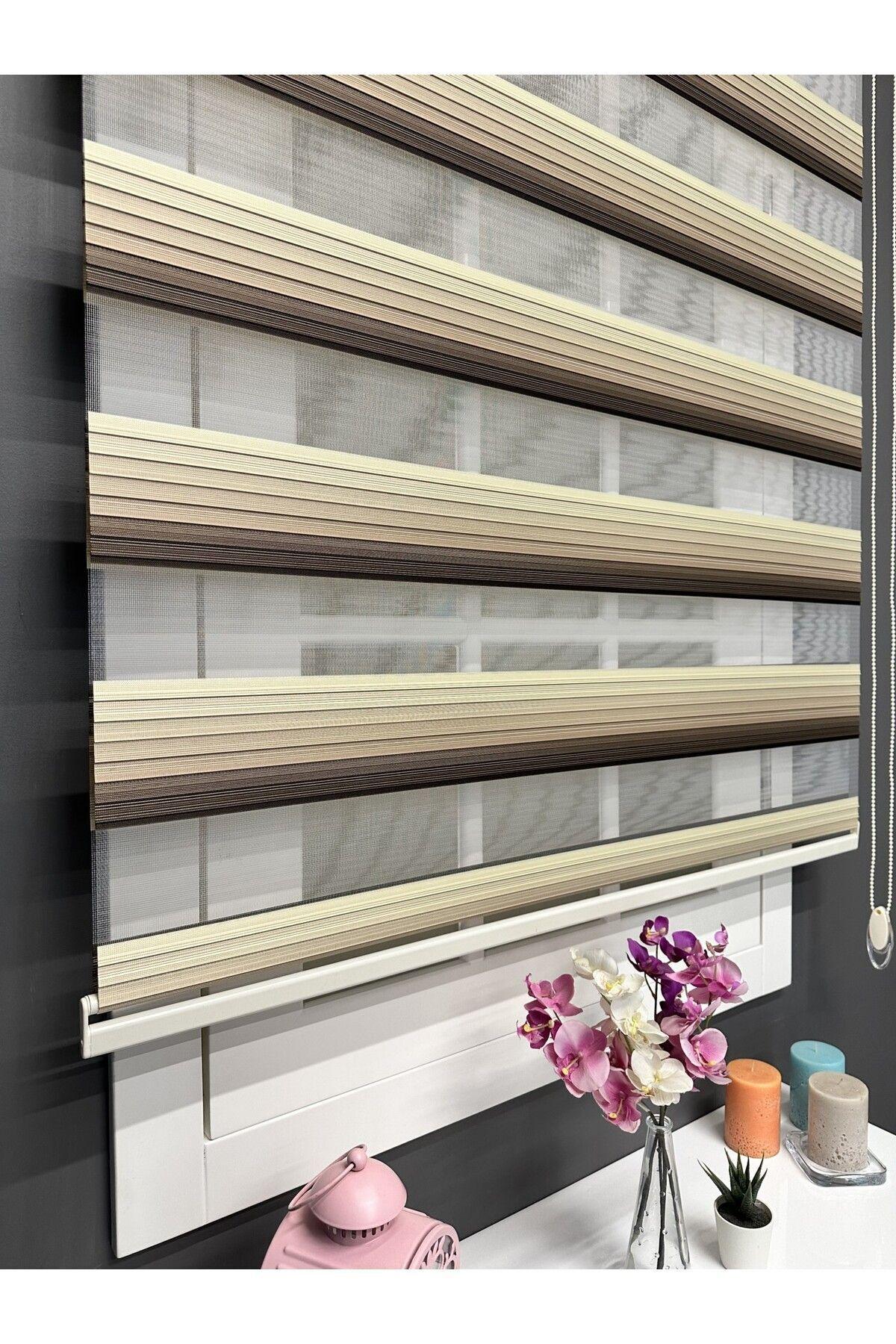 Atölye Perde Krem - Kahve Renk Geçişli Geniş Plise Zebra Stor Perde - Zebra Perde - 4
