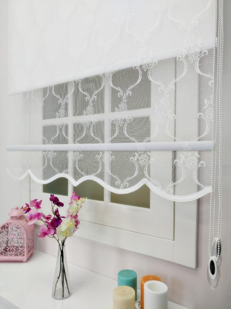 Örme Tül Stor Perde Damask Çerçeve Desen Beyaz - Çift Sistem Tül Stor Perde online satış