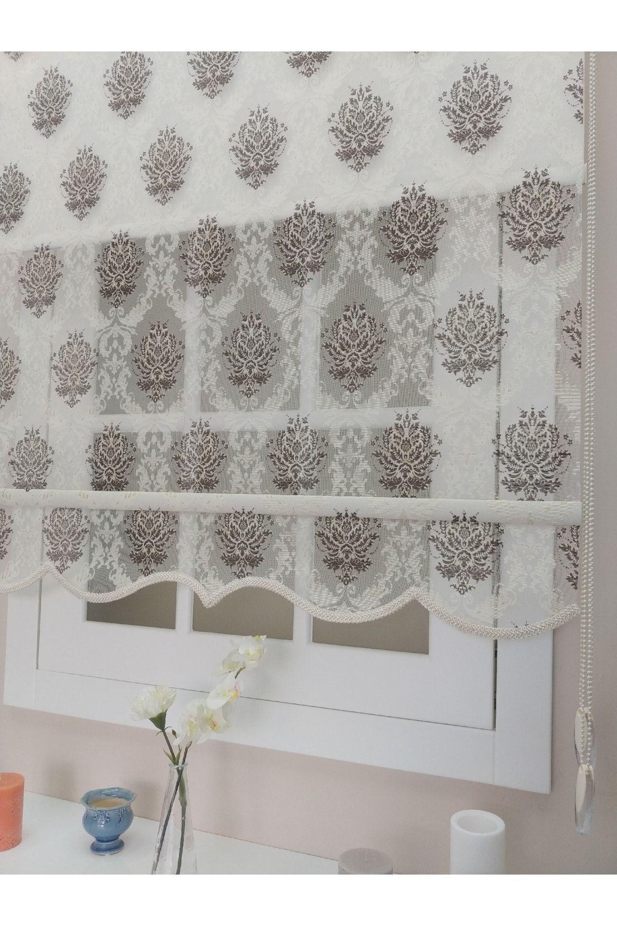 Atölye Perde Çiftli Sistem Krem Kahve Küçük Damask Motifli Tül+stor - Çift Sistem Tül Stor Perde online satış