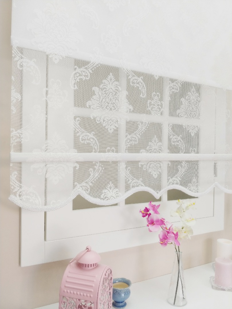 Örme Tül Stor Perde Damask Desen Beyaz - Görsel 1